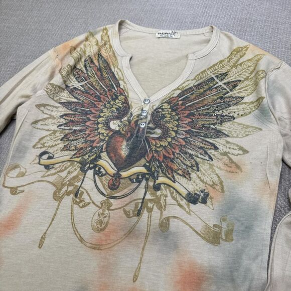 Y2K Long Sleeve Grunge Henley Shirt w/ Winged Heart Feathers Small Graphic tee - Picture 2 of 5